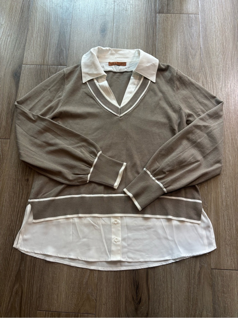 Belldini Taupe V-Neck Layered Pullover with White Shirt Hem